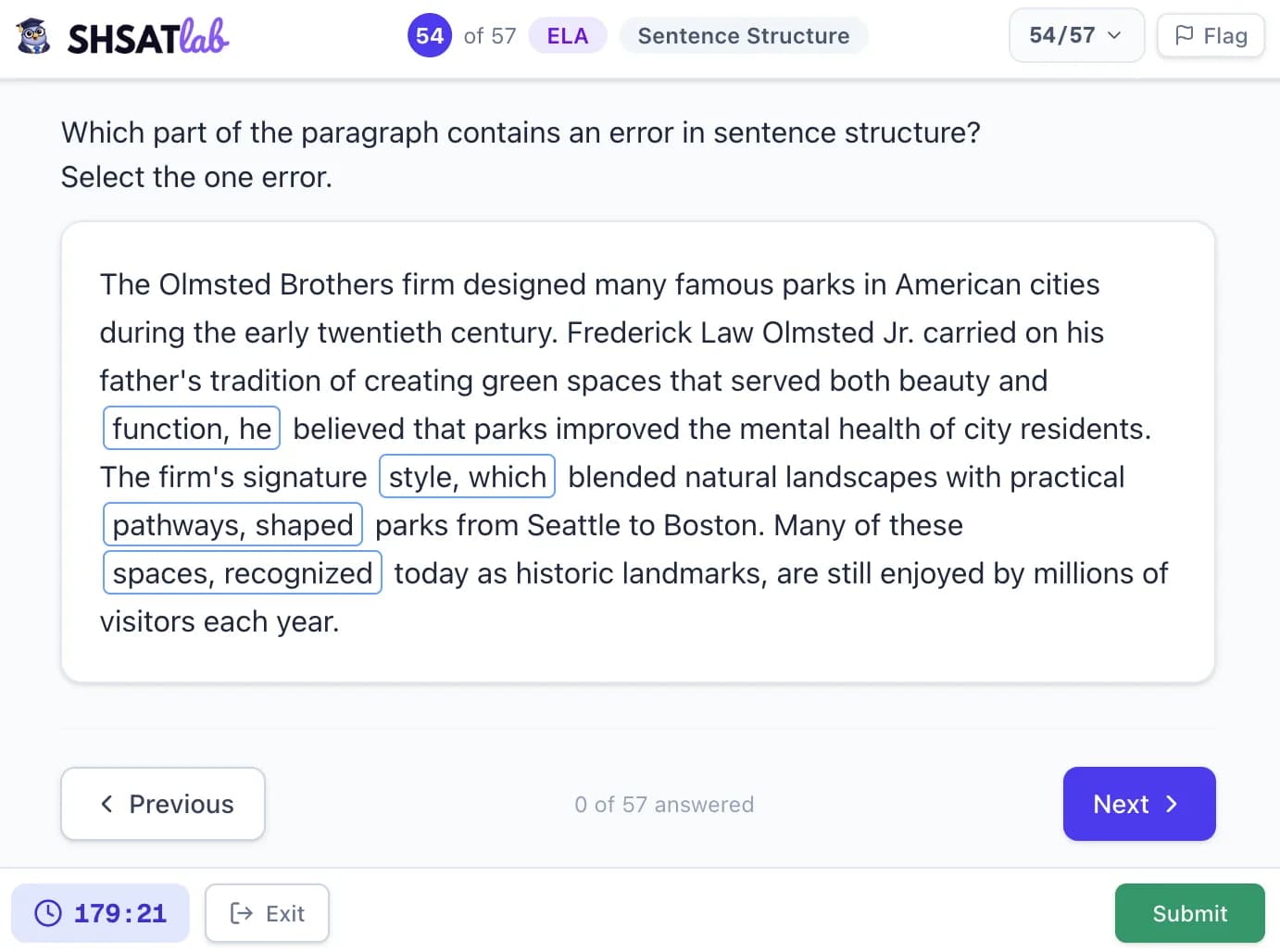 SHSAT TEI clickable text selection question — select the part of the paragraph that contains an error