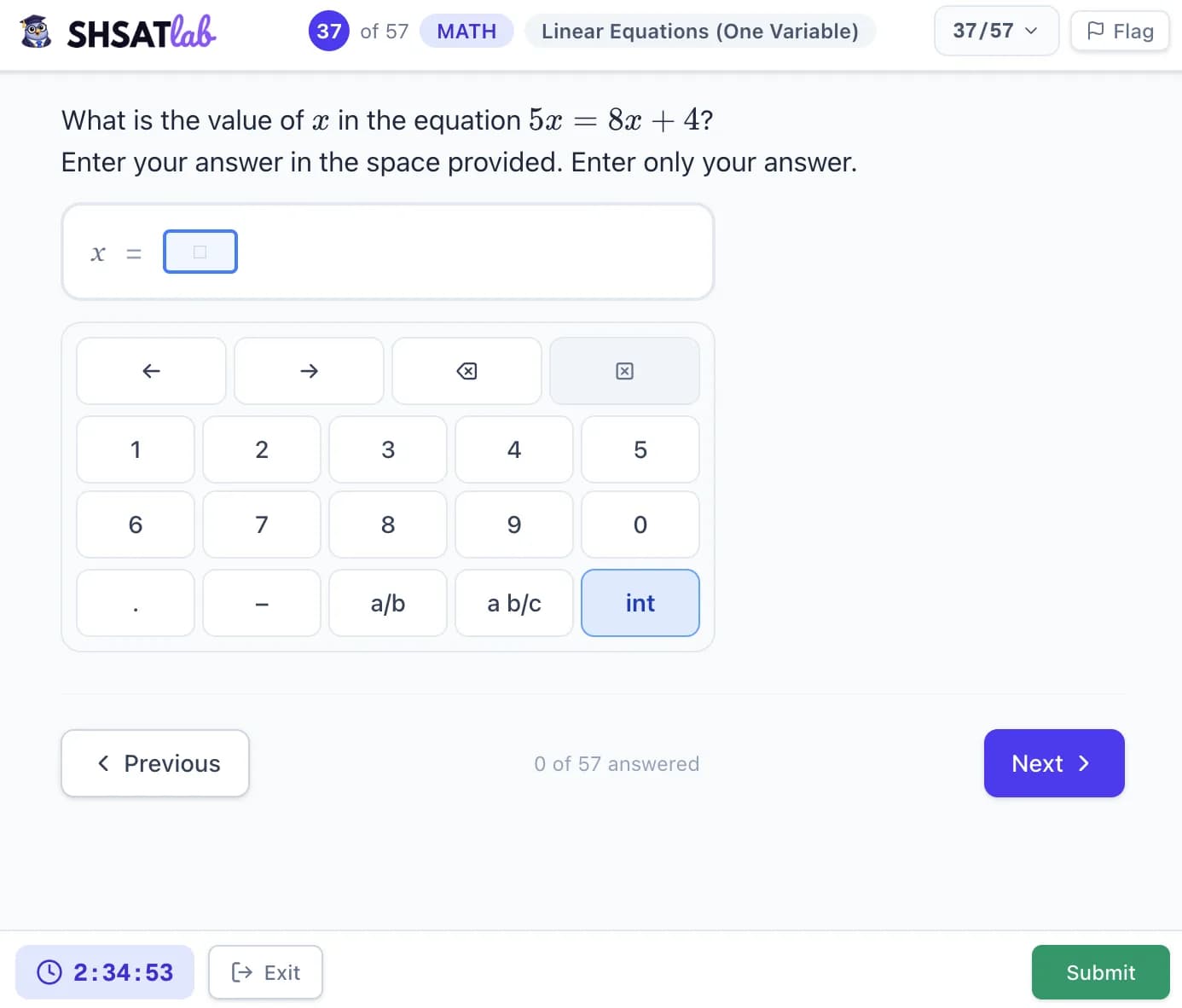 SHSAT TEI grid-in numeric keypad question — enter a calculated answer using the on-screen keypad